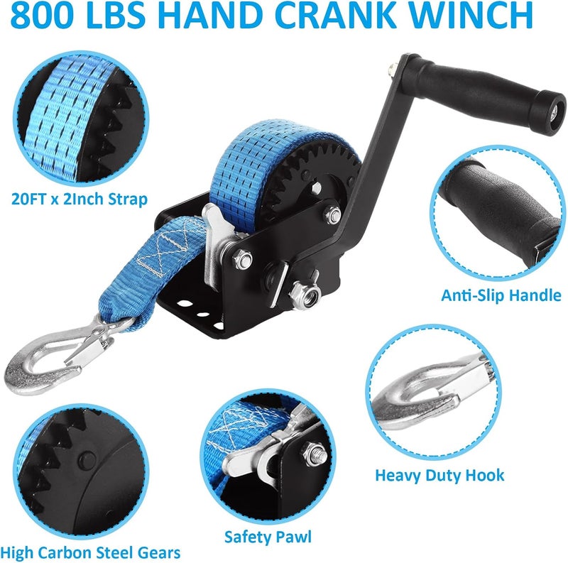 MIVIDE 800 LB Heavy Duty Boat Trailer Winch with 20FT Blue Strap, Hand Winch Boat Trailer Winch, Portable 2-Way Ratchet Hand Crank Winch with Strong Hook for for Boat, Truck, Trailer, RV - Image 3